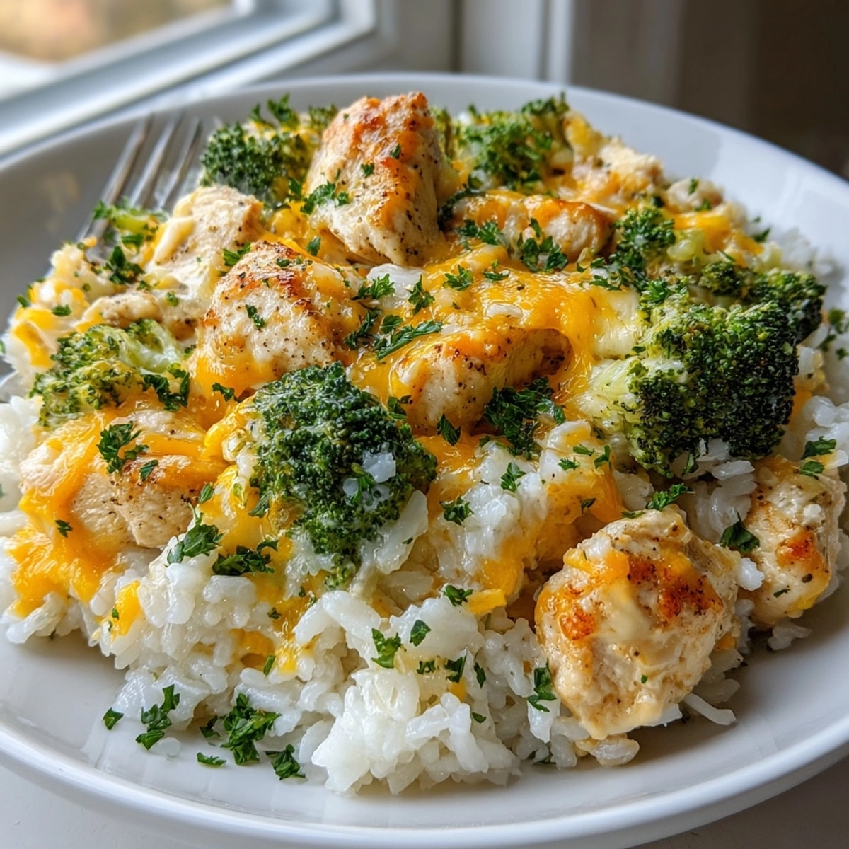Cheesy Chicken and Broccoli Skillet bubbling in a skillet, melted cheddar covering golden chicken and green broccoli.