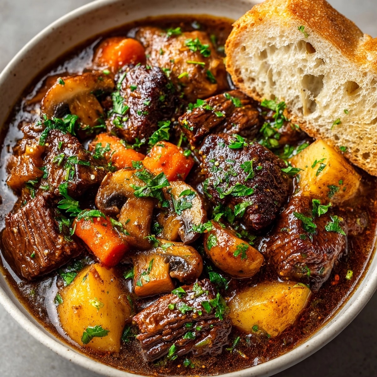 Slow Cooker Beef Stew with Root Vegetables in a rustic bowl, steaming with tender chunks and carrots