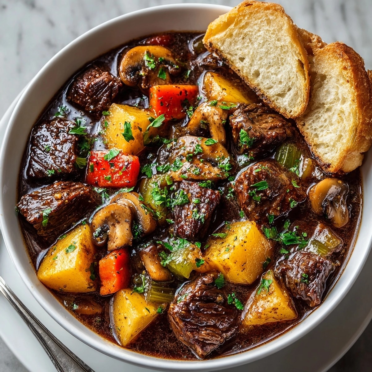 Hearty Slow Cooker Beef Stew with Root Vegetables served hot, garnished with fresh parsley and bread