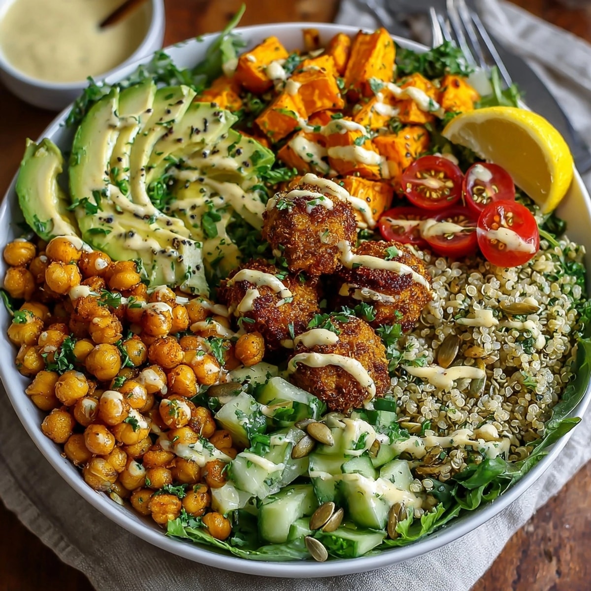Crispy Chickpea and Sweet Potato Buddha Bowl topped with creamy tahini dressing and fresh avocado slices.