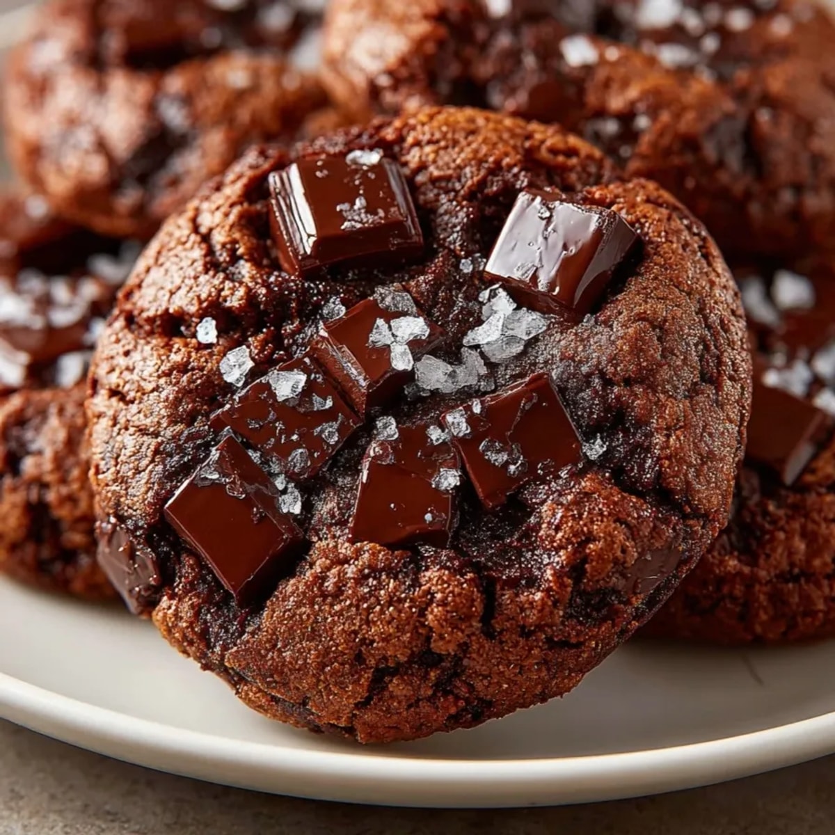 Freshly baked double chocolate chip cookies with gooey chocolate chips and a sprinkle of sea salt