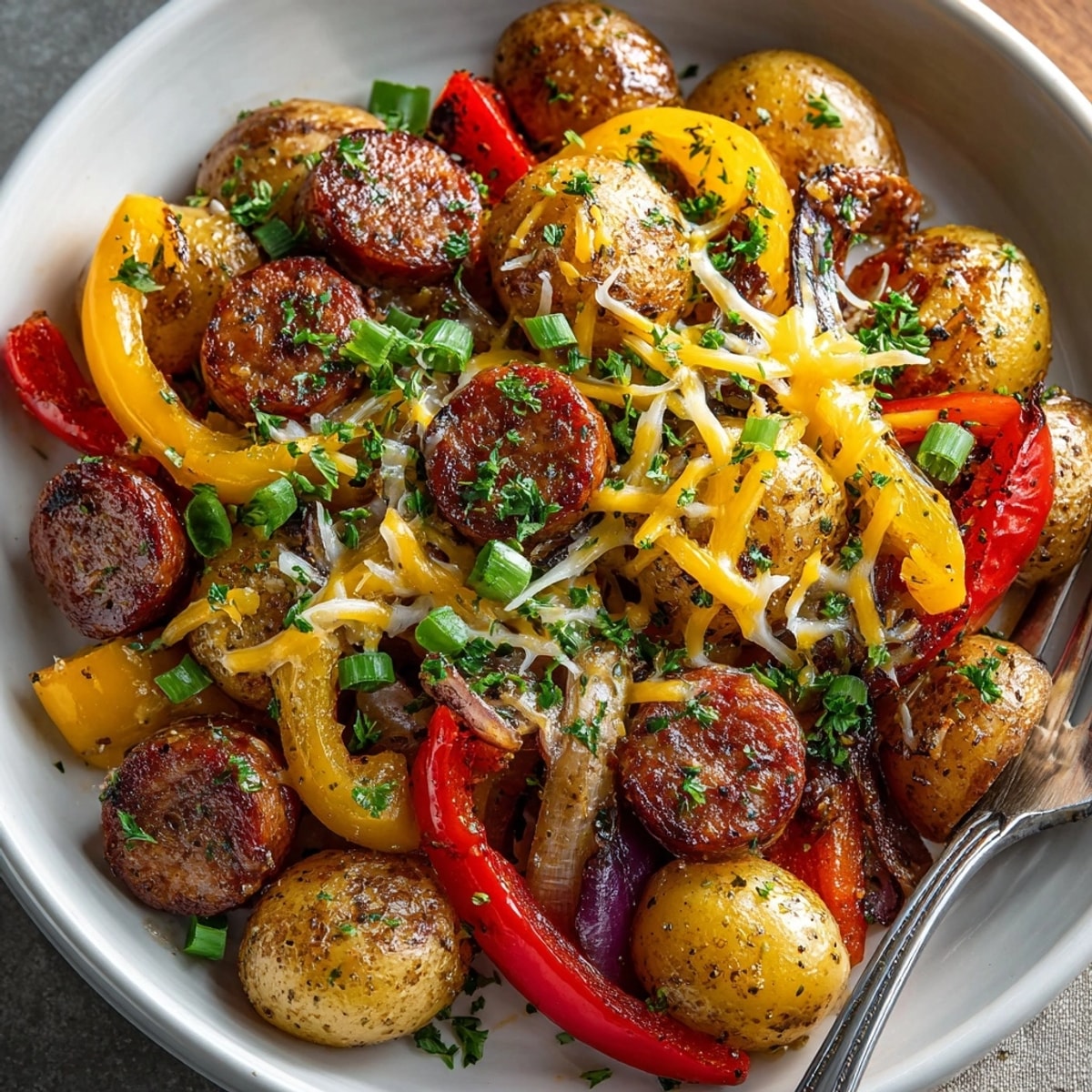 One-Pot Loaded Potato and Sausage Skillet served hot in a cast-iron pan, cheese melting and herbs sprinkled on top.