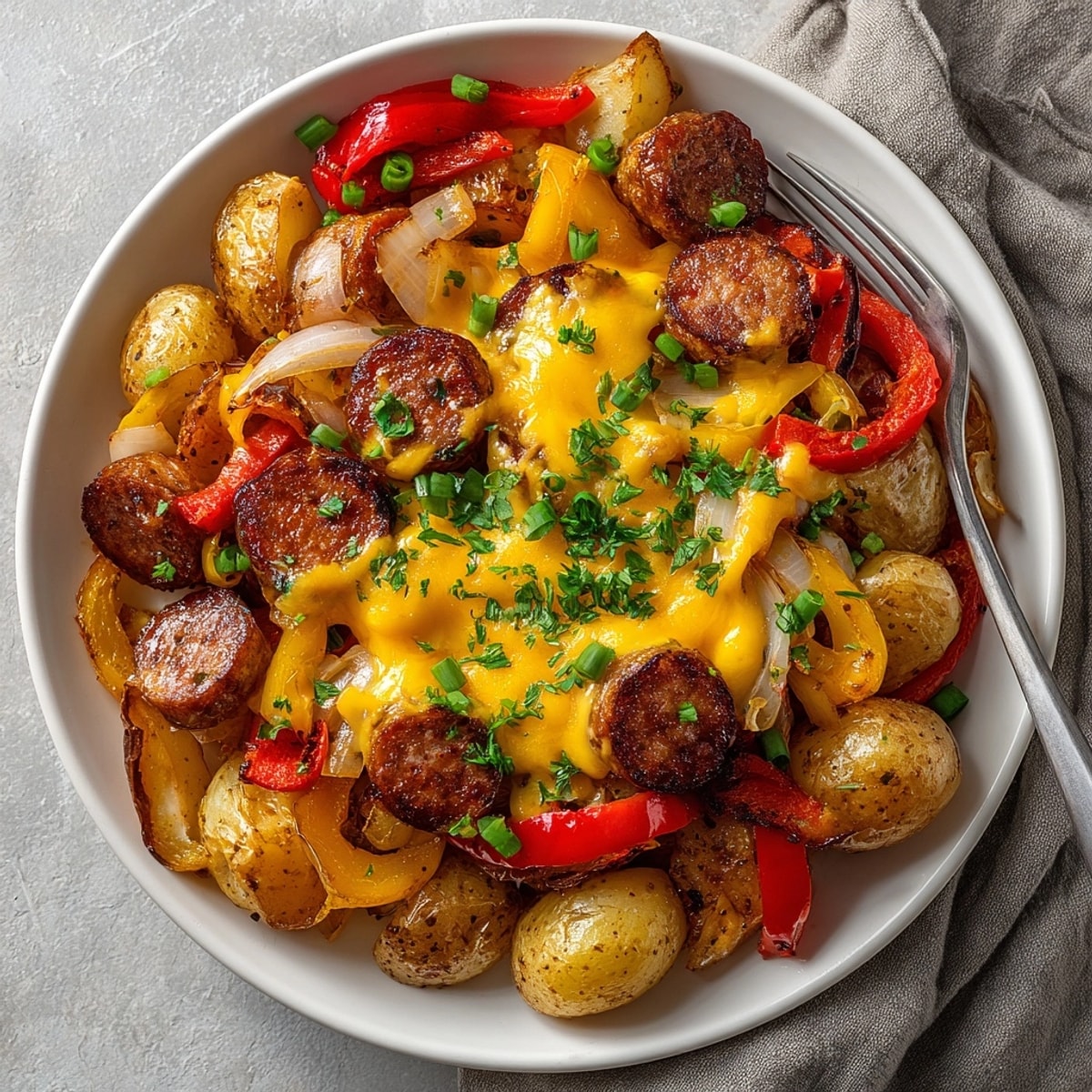 Hearty One-Pot Loaded Potato and Sausage Skillet topped with fresh parsley, ready for a comforting family dinner.