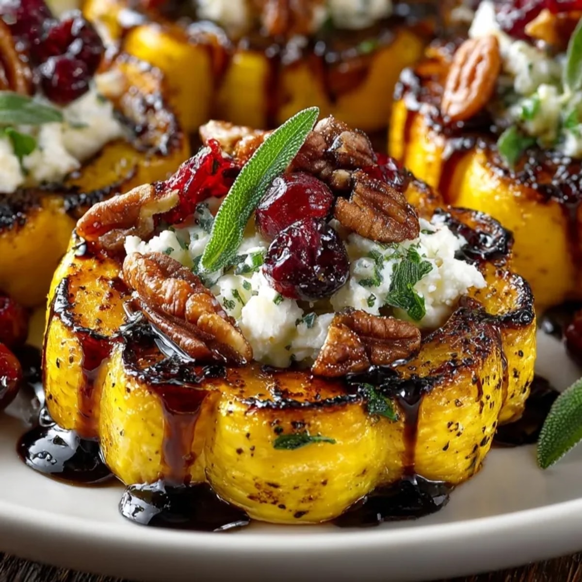 Roasted Delicata Squash with Cranberries and Pecans served warm on a holiday platter, glistening with maple glaze.
