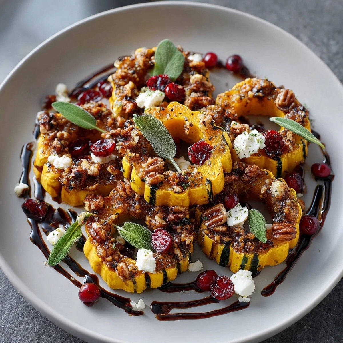 Vibrant roasted delicata squash with cranberries and pecans, finished with tangy goat cheese and seasonal herbs.