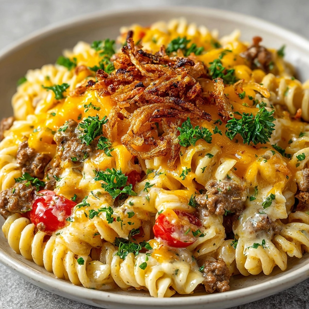 Cozy Cheeseburger Pasta Skillet, topped with a pickle relish crunch, ready for a hearty family dinner.