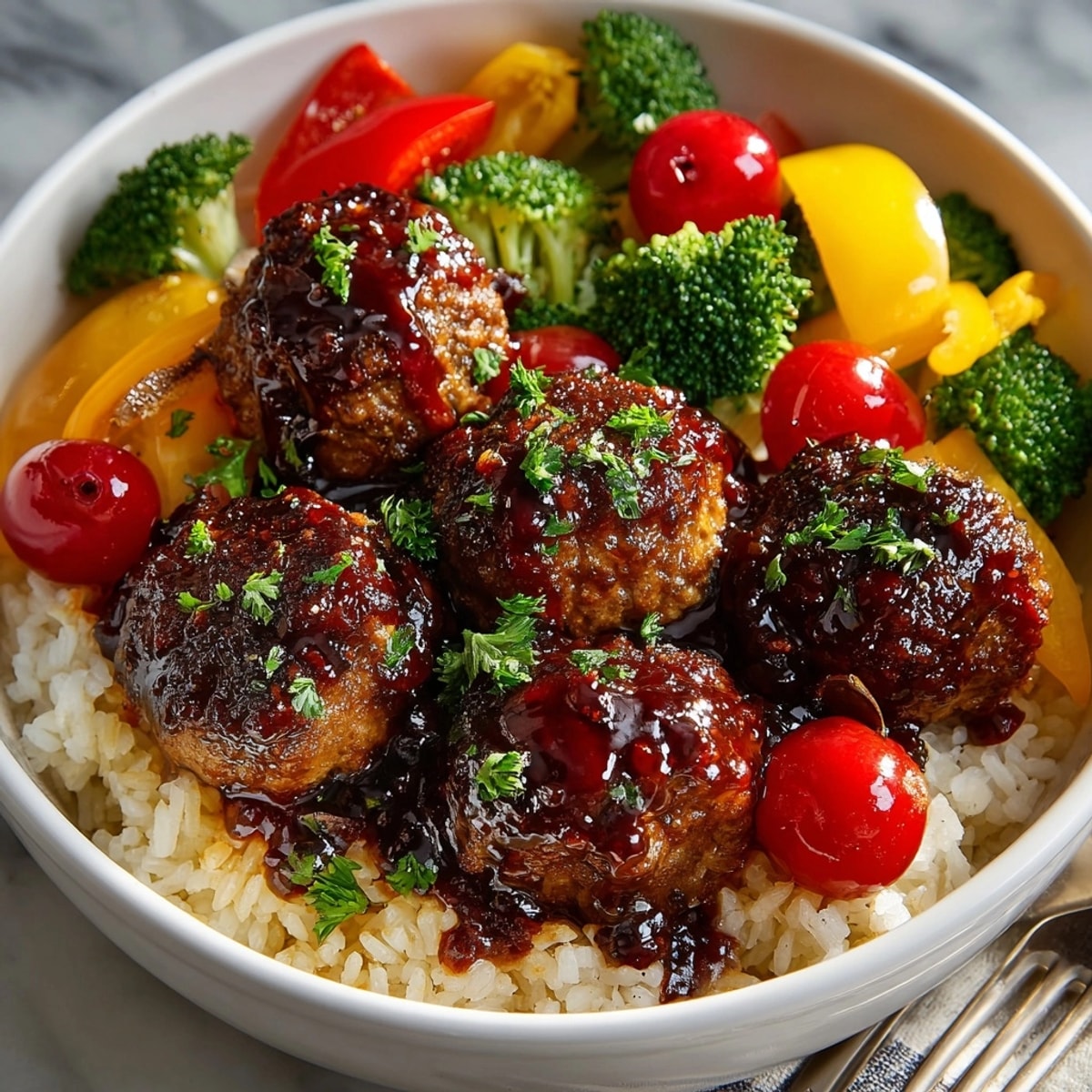 Sizzling photo: Flavorful Cherry-Coded Black Cherry BBQ Meatball Bowls served with vibrant roasted vegetables and rice.