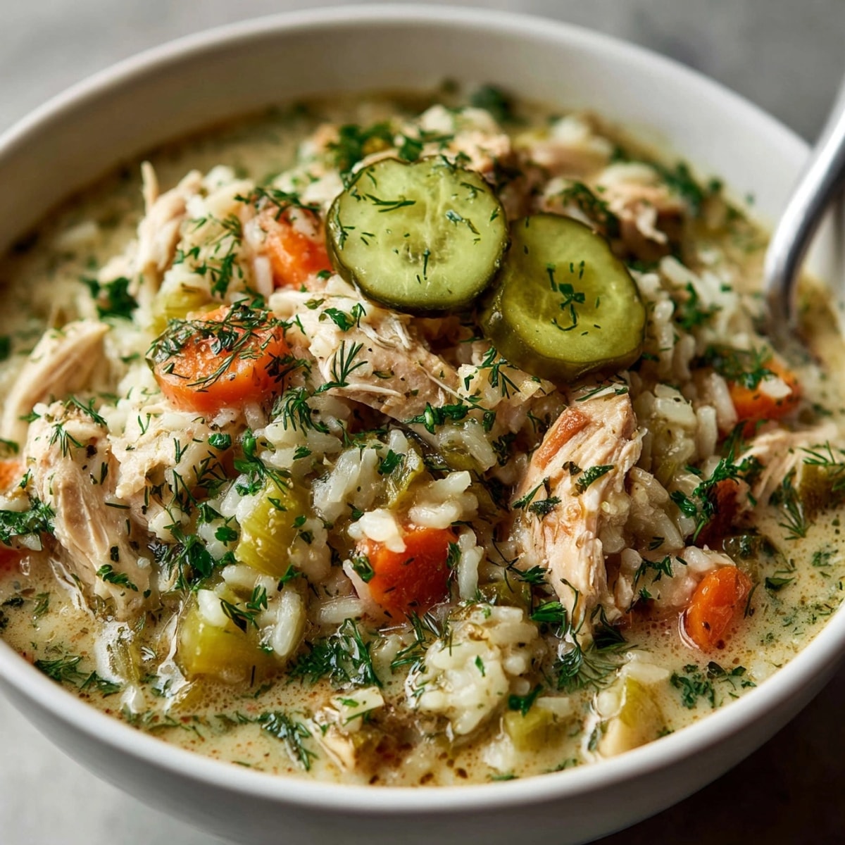 Creamy One-Pot Pickle Ranch Chicken & Rice Soup with visible chunks of chicken and vegetables.