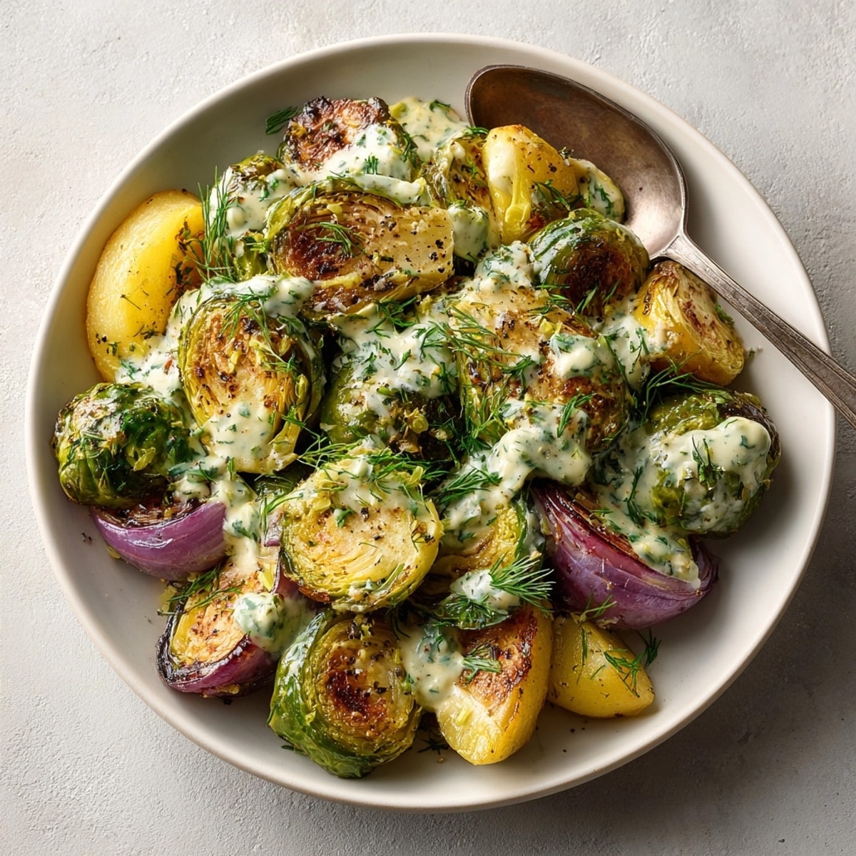 Vibrant close-up of seasoned and roasted sheet-pan Brussels, apples, and onion, ready to serve.