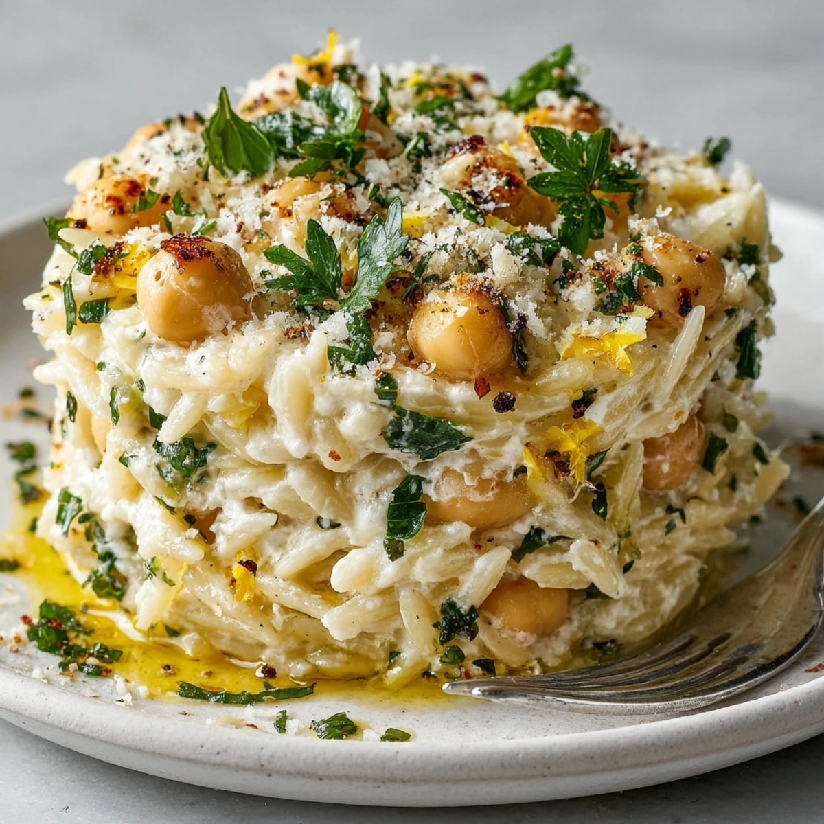 Steaming bowl of 15-Minute Lemon Ricotta Chickpea Risoni, garnished with fresh herbs and ready to serve.