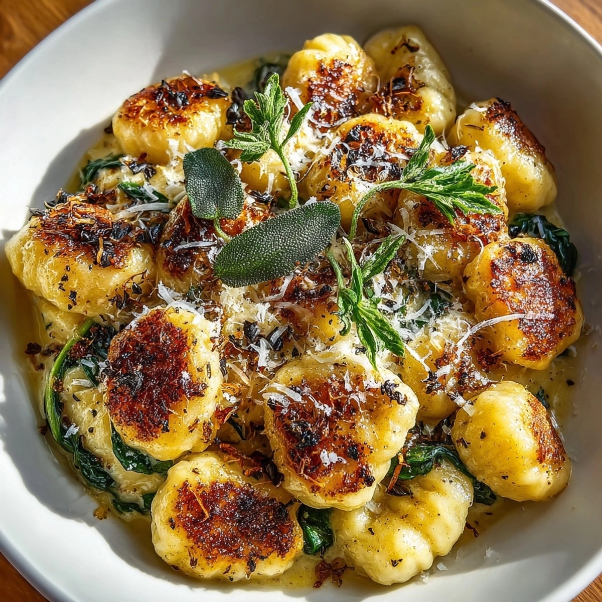 Golden-brown One-Pot Pumpkin Gnocchi, creamy with Parmesan and crispy sage, ready to serve.