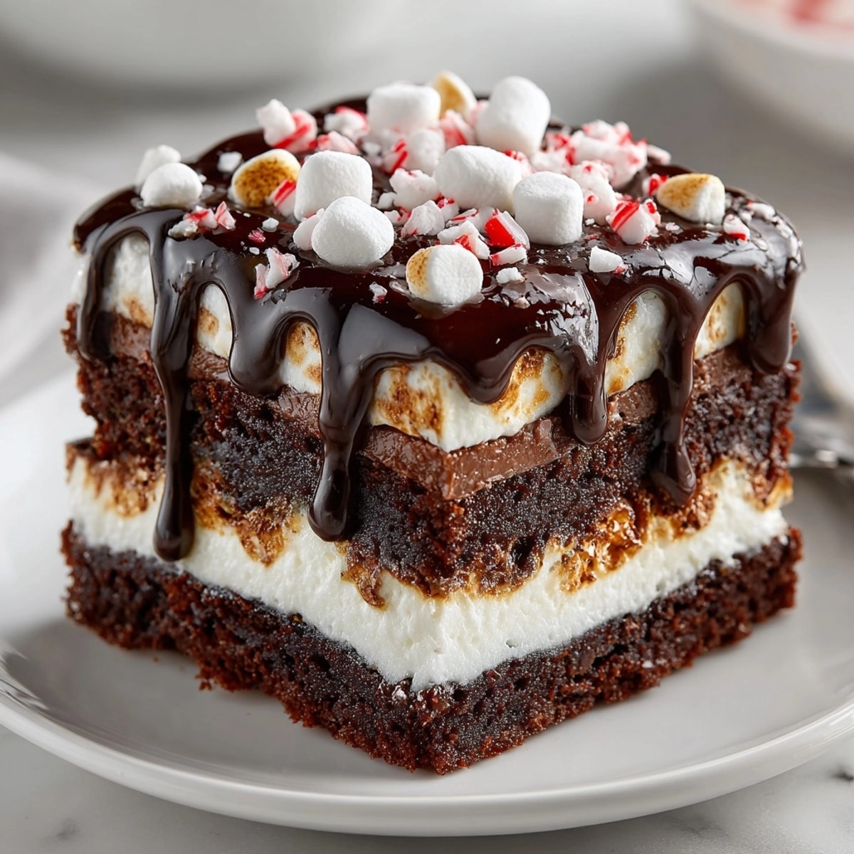 A photo displays Silly Cake Peppermint Hot Cocoa Marshmallow Bars, a colorful dessert bursting with flavor.