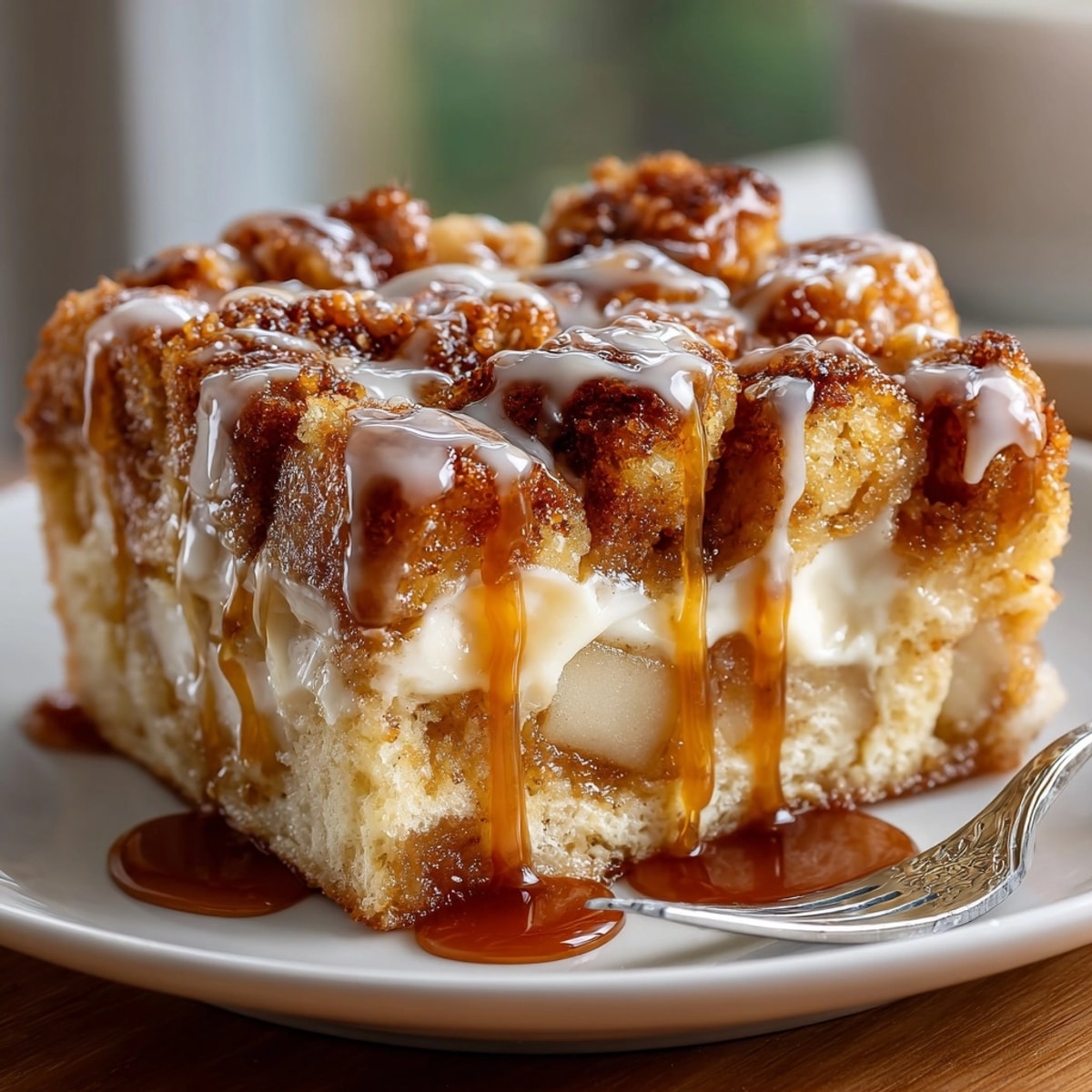 Bubbling root beer caramel sauce over a slice of warm Rebel Float Root Beer Caramel Apple Bread Pudding.
