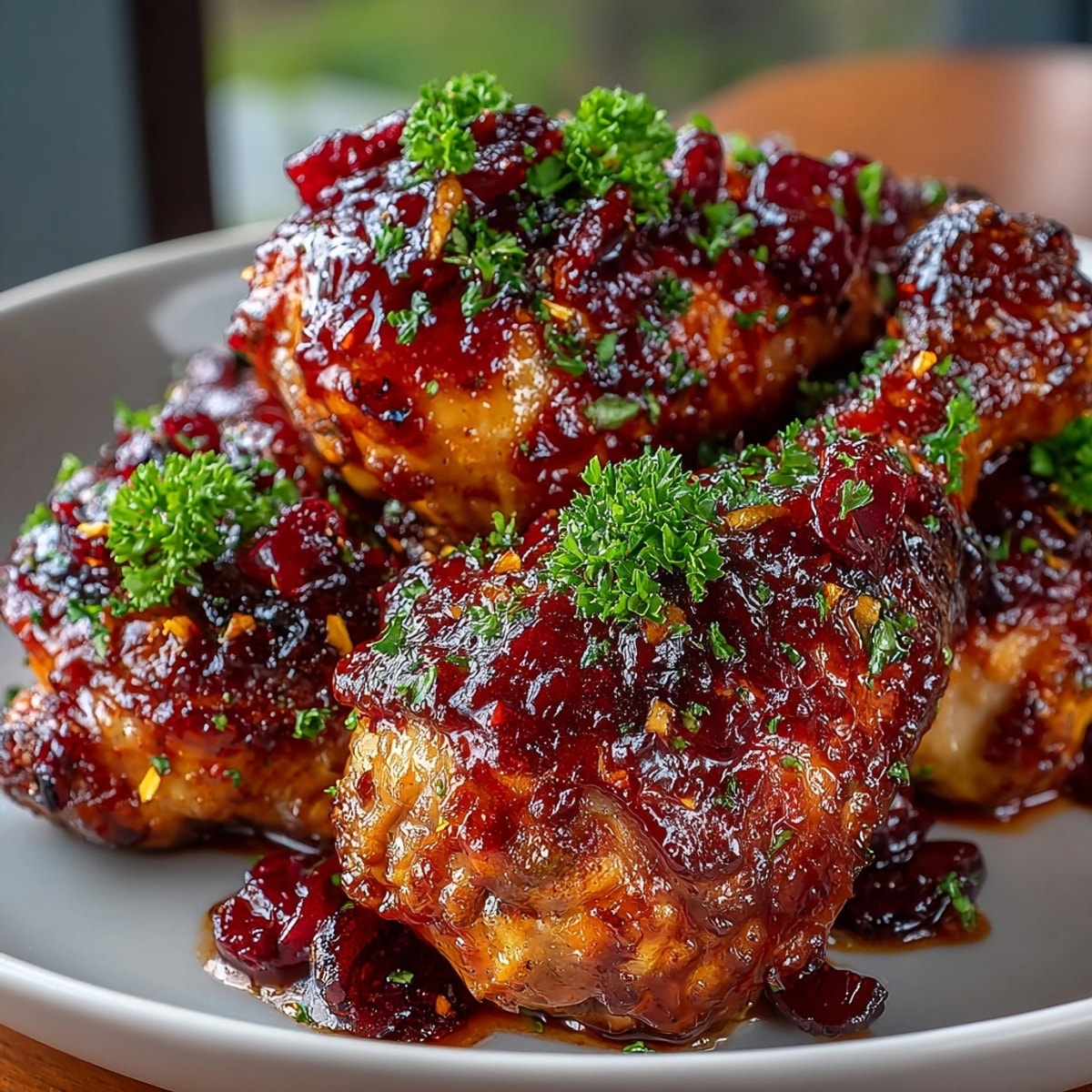 Tender, juicy Cherry-Coded Cranberry-Cherry Glazed Chicken Drumsticks, baked to caramelized perfection, savory and sweet.