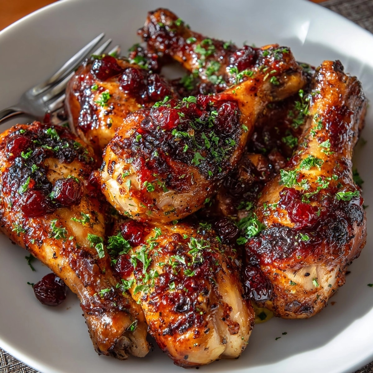 Golden-brown cherry-cranberry glazed chicken drumsticks, glistening with sauce, ready to enjoy as a delicious main course.
