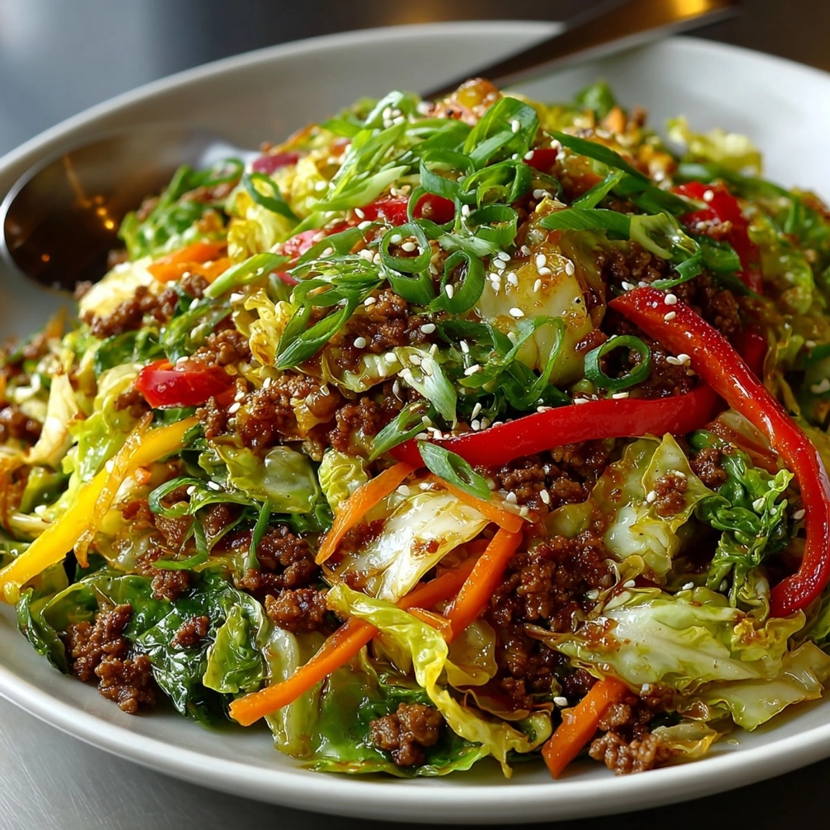 Golden-brown 20-Minute Maple Dijon Turkey & Cabbage Stir-fry with vibrant vegetables, ready to serve.