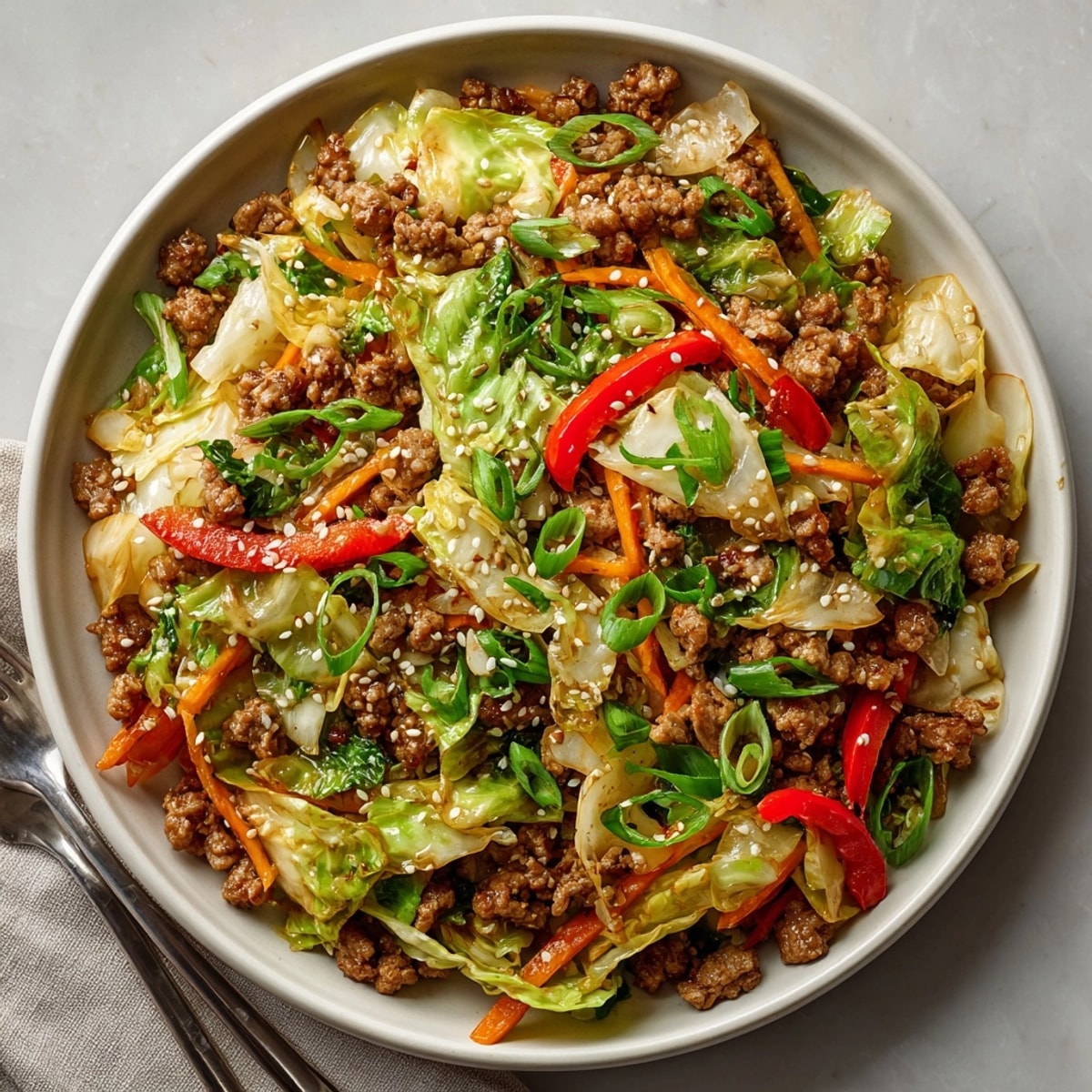 Close-up view of the delicious 20-Minute Maple Dijon Turkey & Cabbage Stir-fry; a healthy, gluten-free dinner.