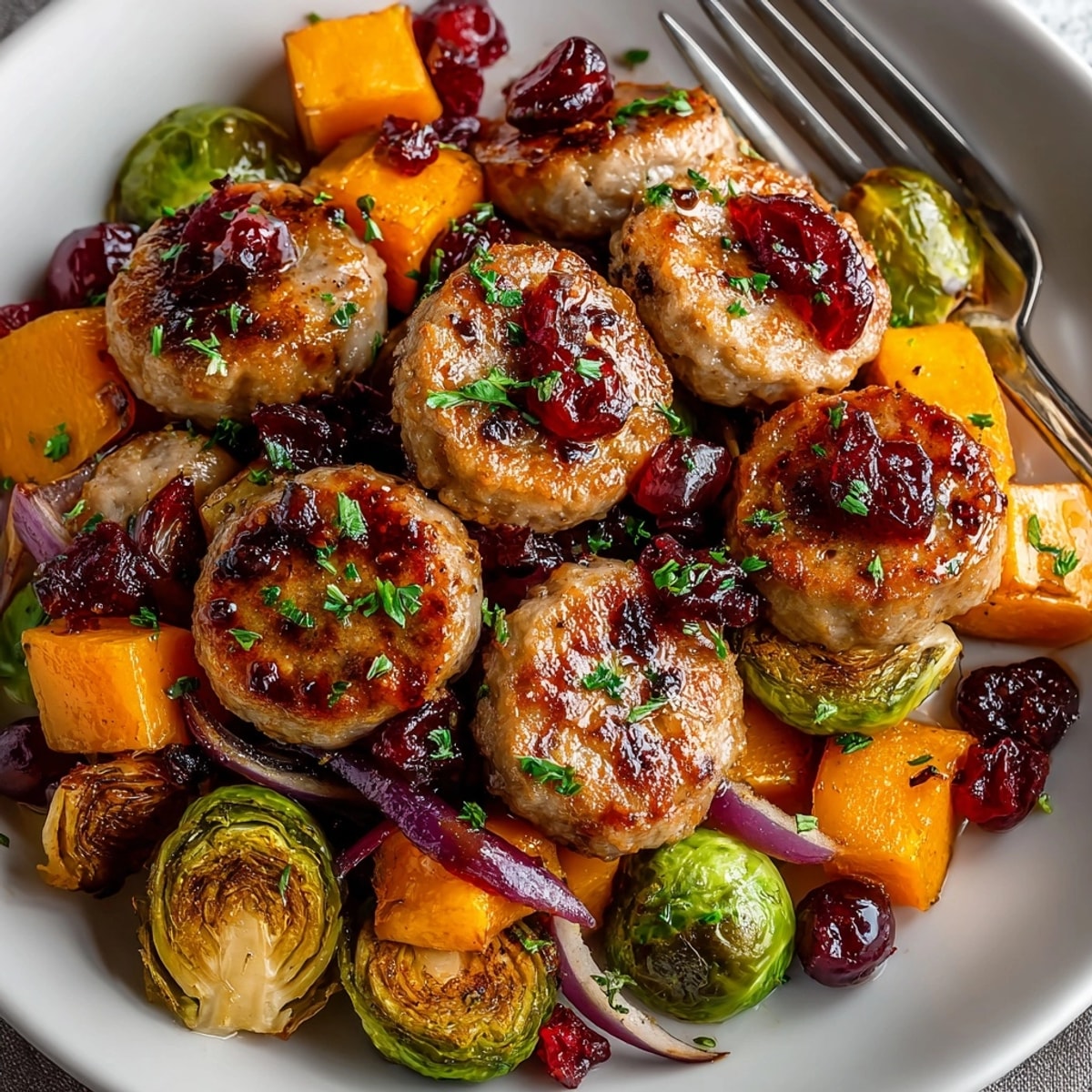 Golden-brown cranberry-orange sheet-pan chicken sausage with roasted vegetables; a complete, delicious meal.