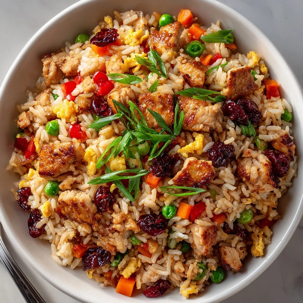 Sizzling Weeknight Honey-Garlic Turkey Fried Rice with cranberries, offering a sweet and savory aroma.