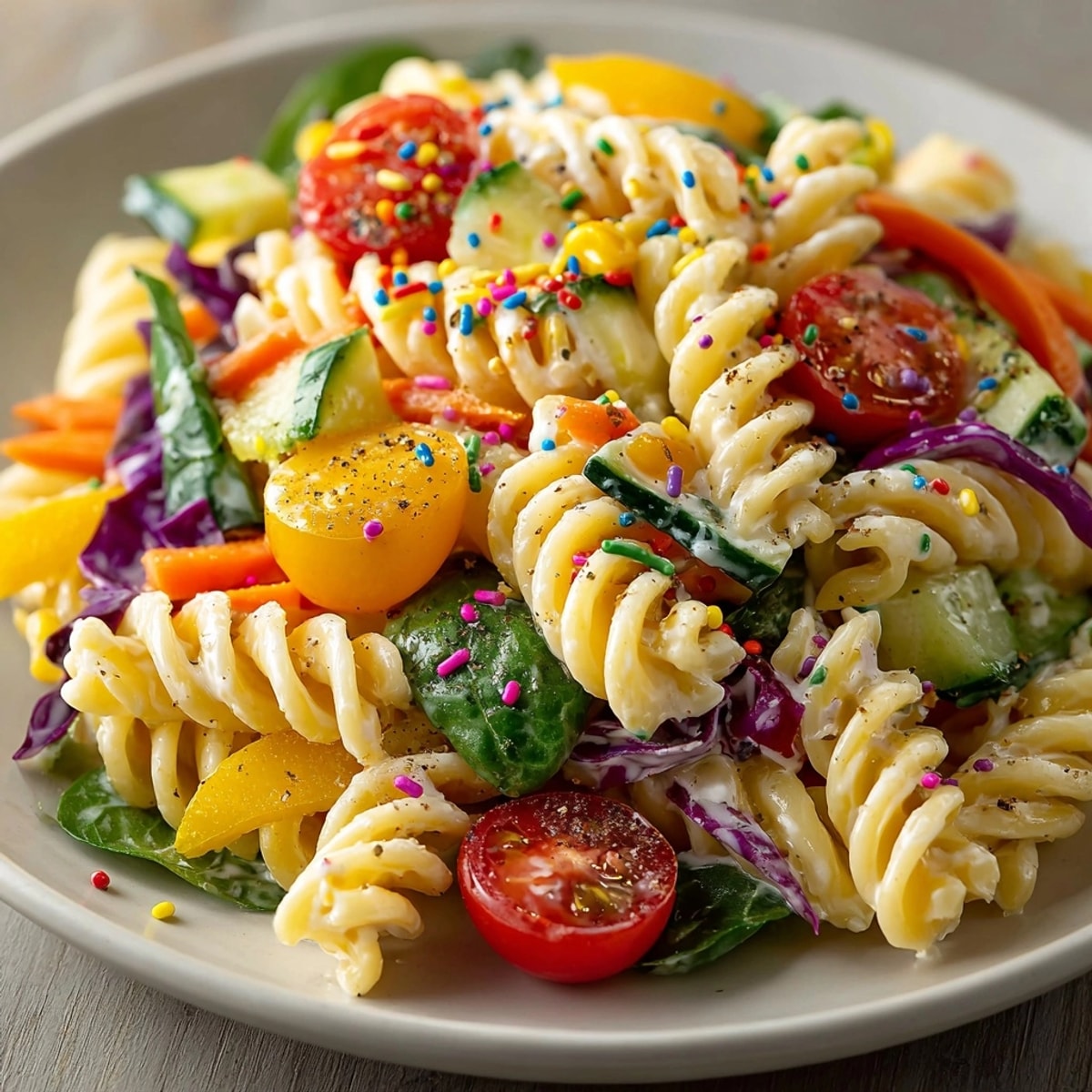 Vibrant Chaos Cake-Inspired Rainbow Pasta Salad, tossed with colorful veggies and creamy dressing, is tempting!