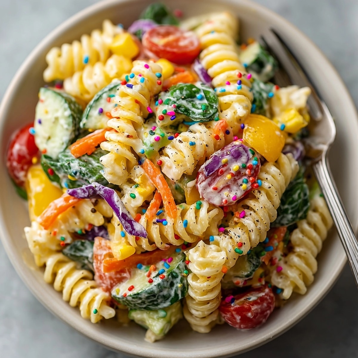 This cheerful Chaos Cake-Inspired Rainbow Pasta Salad features an assortment of fresh, tasty ingredients.