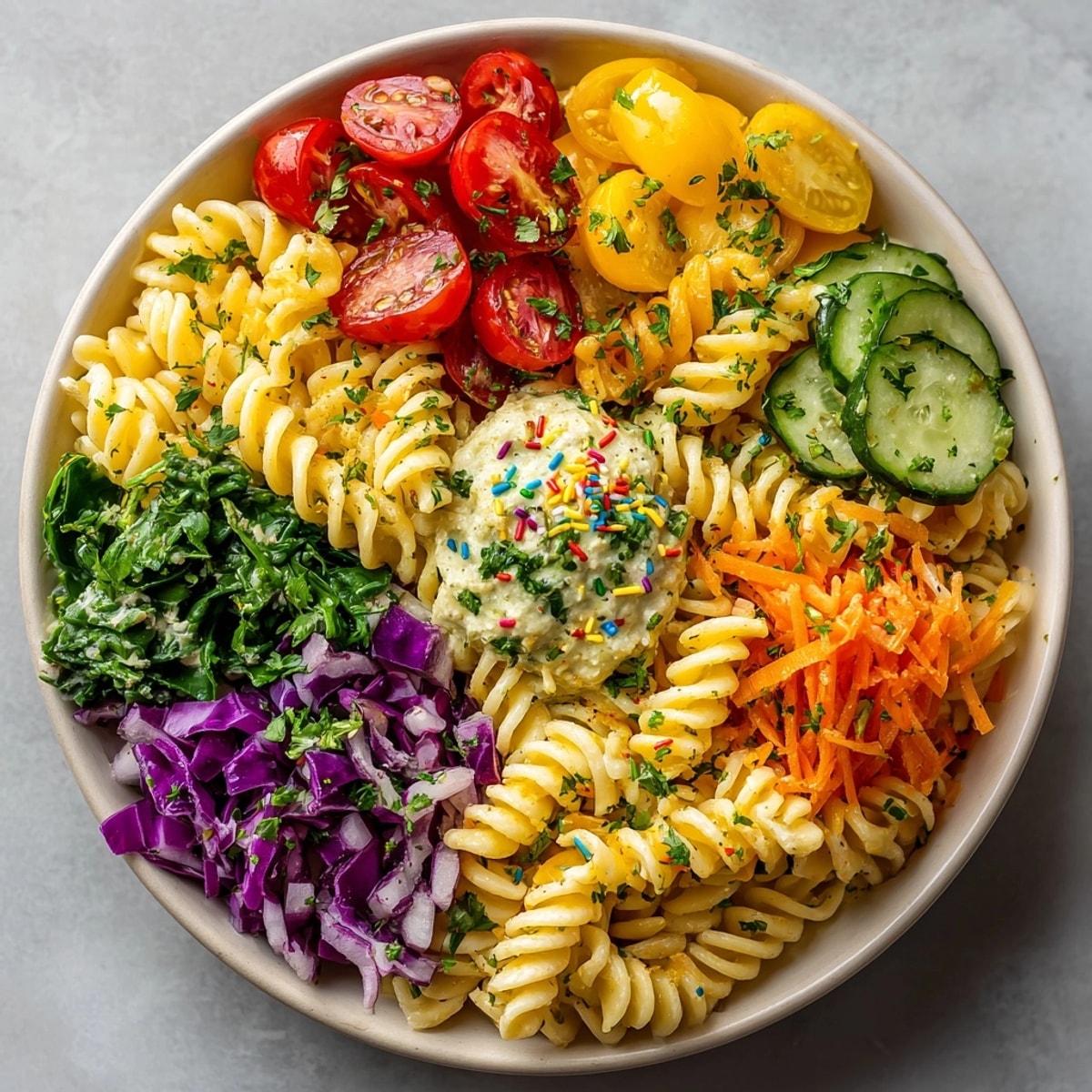 A close-up of the delicious Chaos Cake-Inspired Rainbow Pasta Salad, perfect for summer gatherings.