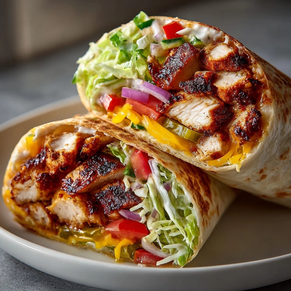 Pickle juice marinated chicken wraps, perfectly grilled and bursting with fresh tomato and onion flavors!