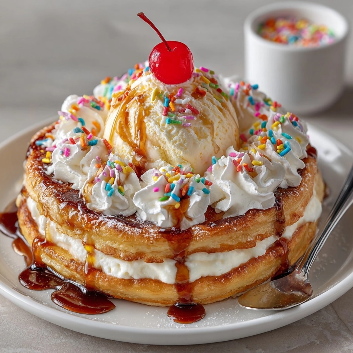 Golden-brown Rebel Soda Float Pancake Wraps served with whipped cream and colorful sprinkles.
