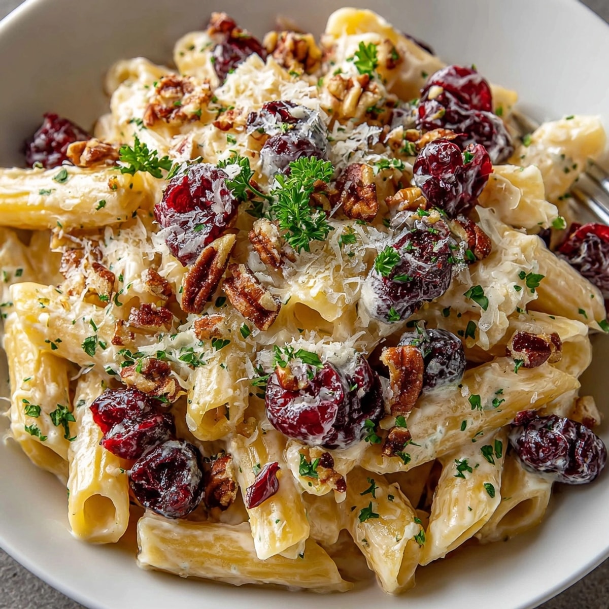 Vibrant Thanksgiving Cranberry Cream Cheese Pasta: a creamy, festive dish ready to enjoy.