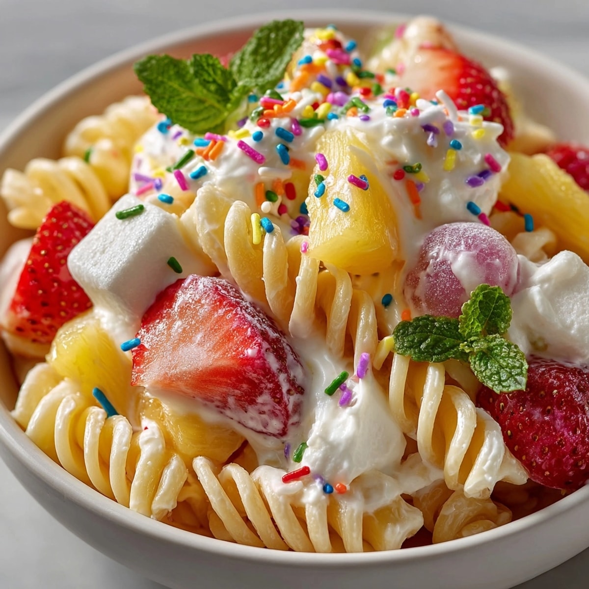 Rebel Float Cotton Candy Pasta Salad with bright colors, fresh fruit, and creamy dressing, perfect for summer.