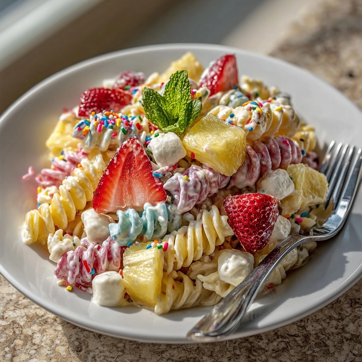 This chilled Rebel Float Cotton Candy Pasta Salad shows vibrant pasta and sweet grapes ready to serve.