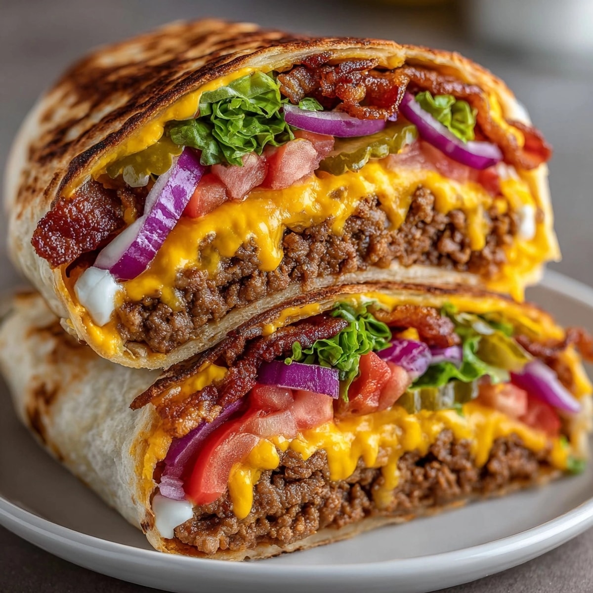 Pickle-Stuffed Bacon Cheeseburger Wraps overflowing with melty cheese, crispy bacon, and tangy pickles.