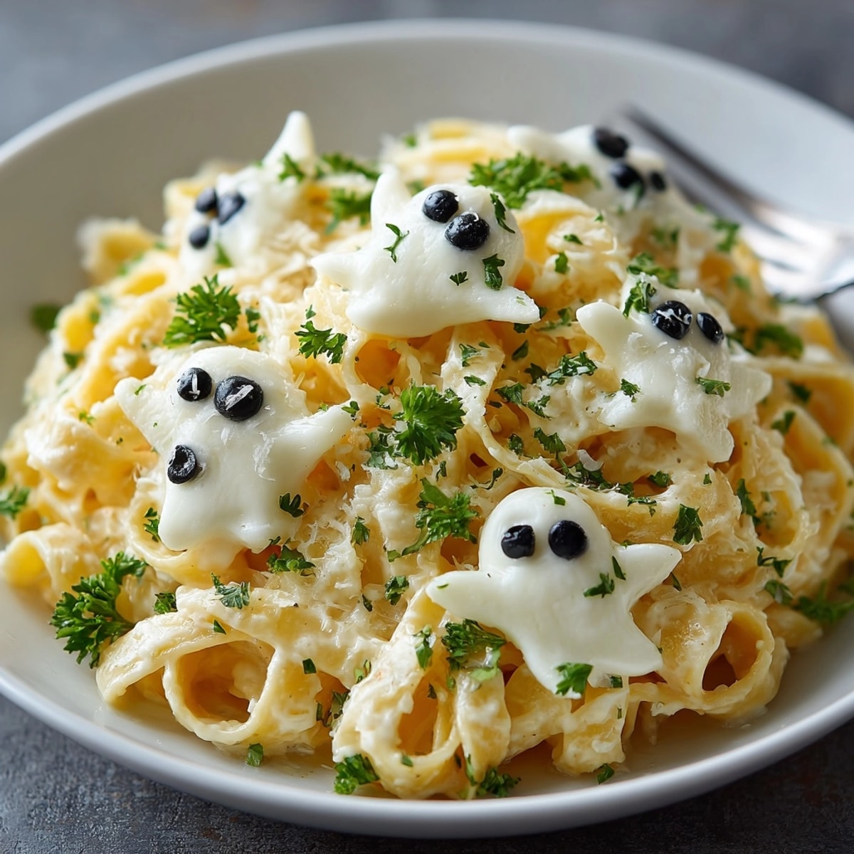 Creamy Halloween Ghostly White Sauce Pasta, adorned with mozzarella ghosts and black olive eyes.