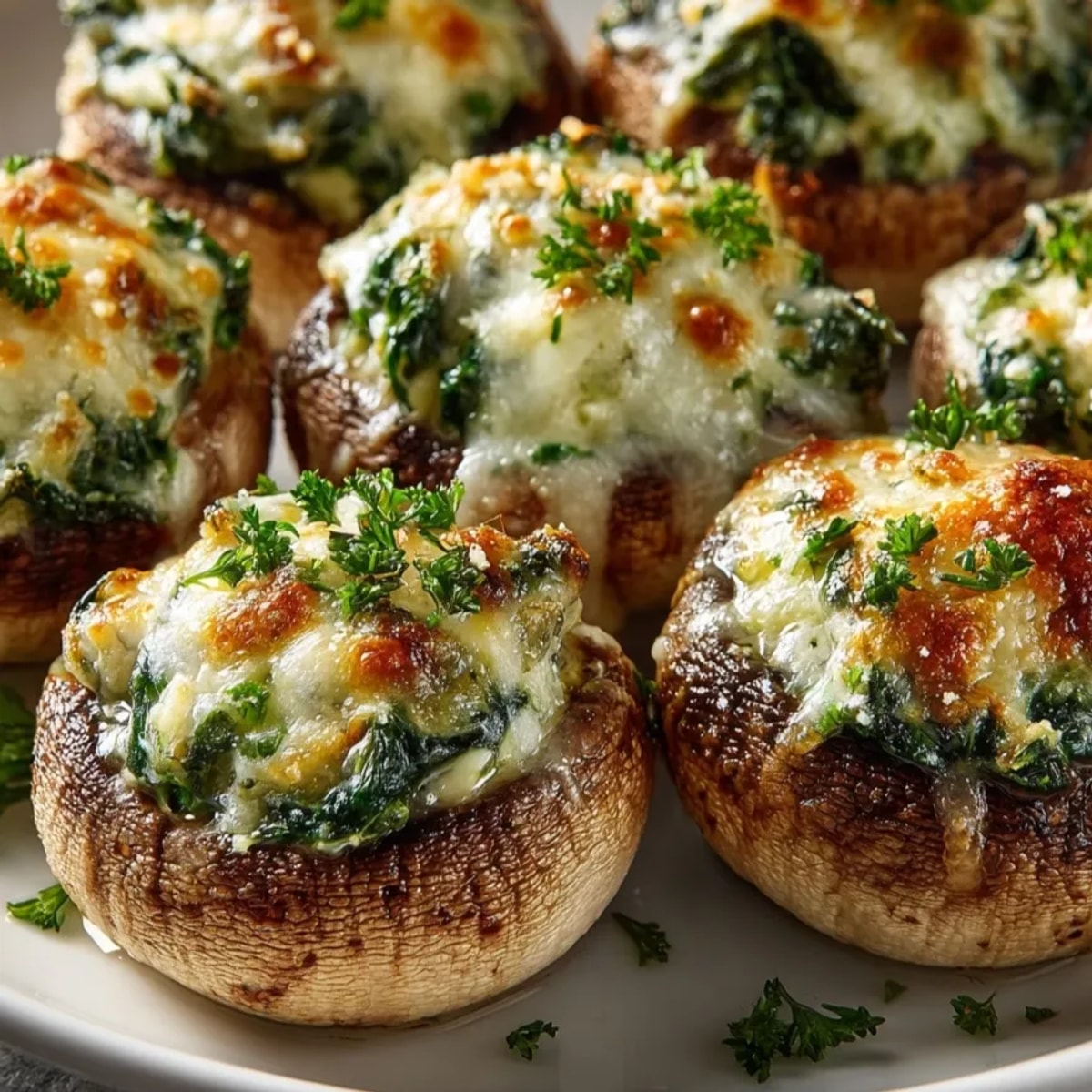 Spinach Artichoke Stuffed Mushrooms: Golden, bubbly cheese tops a savory mushroom appetizer.