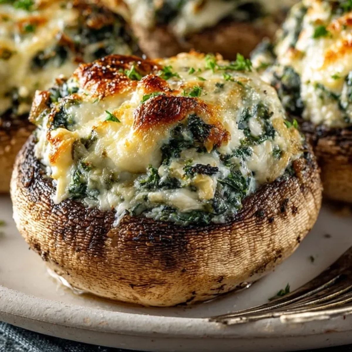 These delicious Spinach Artichoke Stuffed Mushrooms are baked to perfection—a vegetarian delight ready to serve.