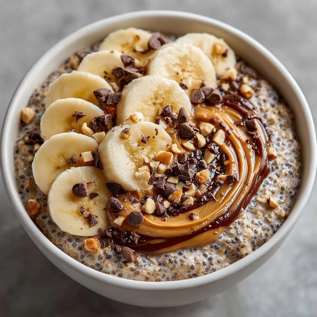 A close-up of chocolate peanut butter overnight oats, a perfect make-ahead breakfast in a jar.