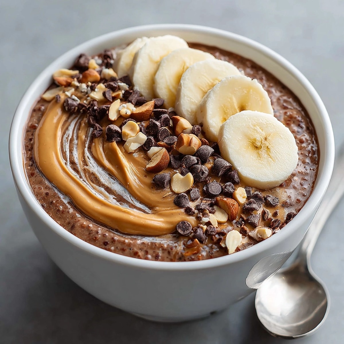 Thick and creamy chocolate peanut butter overnight oats, enticingly swirled with peanut butter and ready to eat.