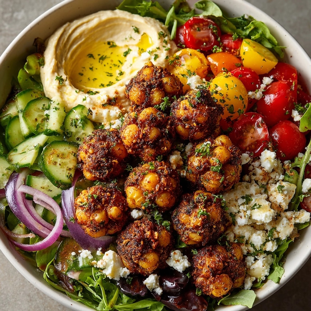 Mediterranean Chickpea Bowls feature golden roasted chickpeas with fresh, colorful vegetables and creamy hummus.