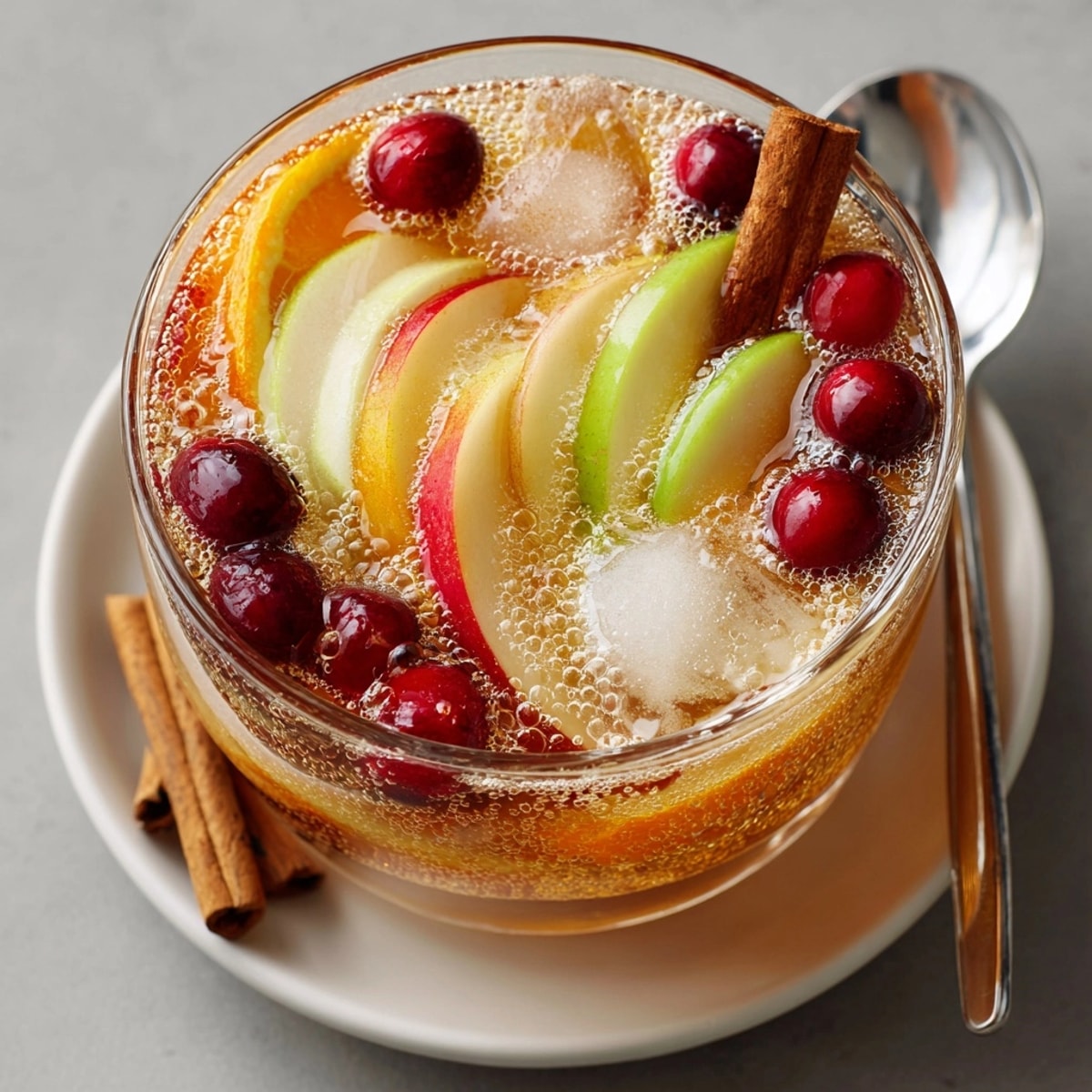 Garnished cinnamon sticks and an overhead shot of this festive Spiced Apple Cider Sangria make it a perfect fall drink.