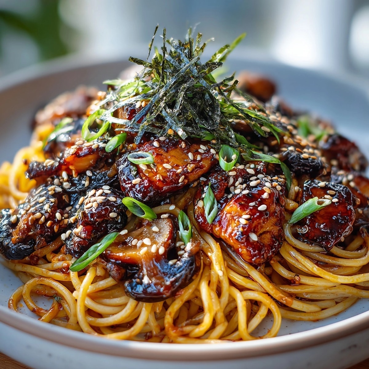 Savory teriyaki chicken pasta with sake-glazed shiitake mushrooms, a colorful and flavorful dinner plate.
