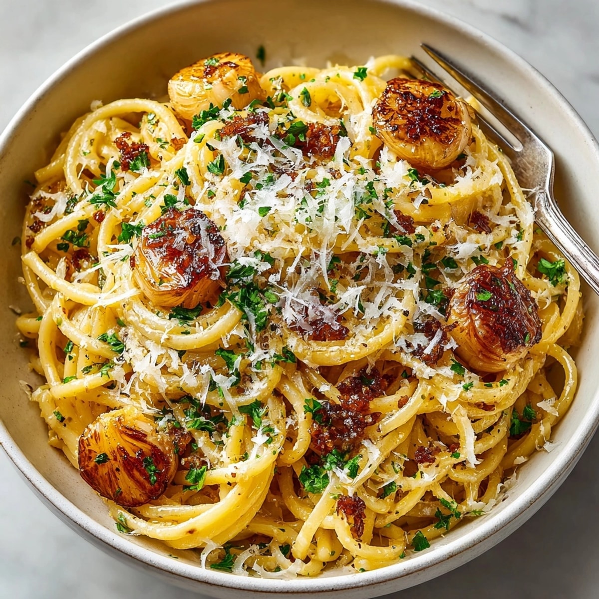 Creamy Garlic Confit Pasta with toasted Parmesan provides a delightful, savory Italian dinner.