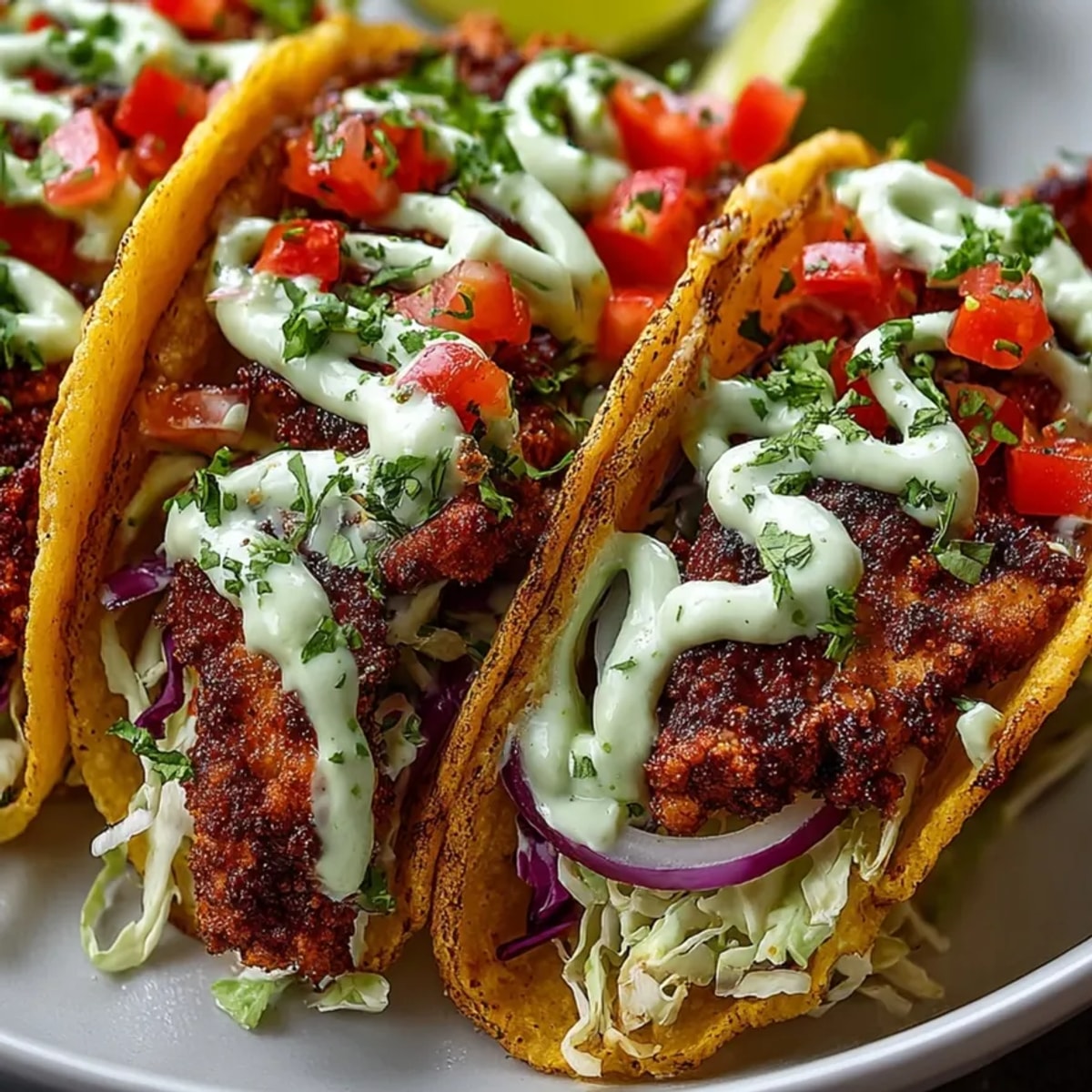 Avocado Lime Crema Chicken Tacos served on corn tortillas with crisp cabbage and fresh cilantro.