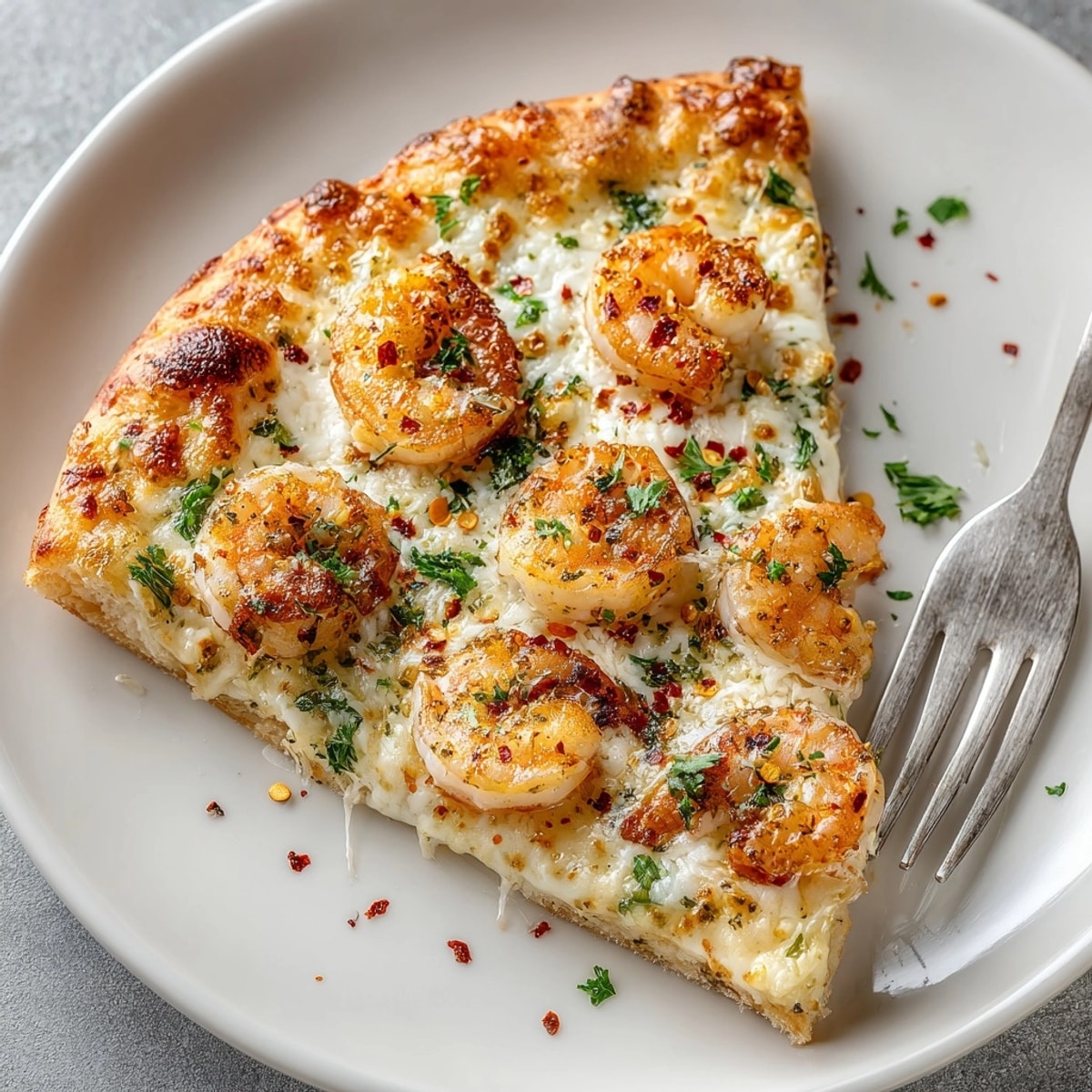 Shrimp Alfredo Pizza with golden crust, creamy sauce, and bubbling mozzarella fresh from the oven.