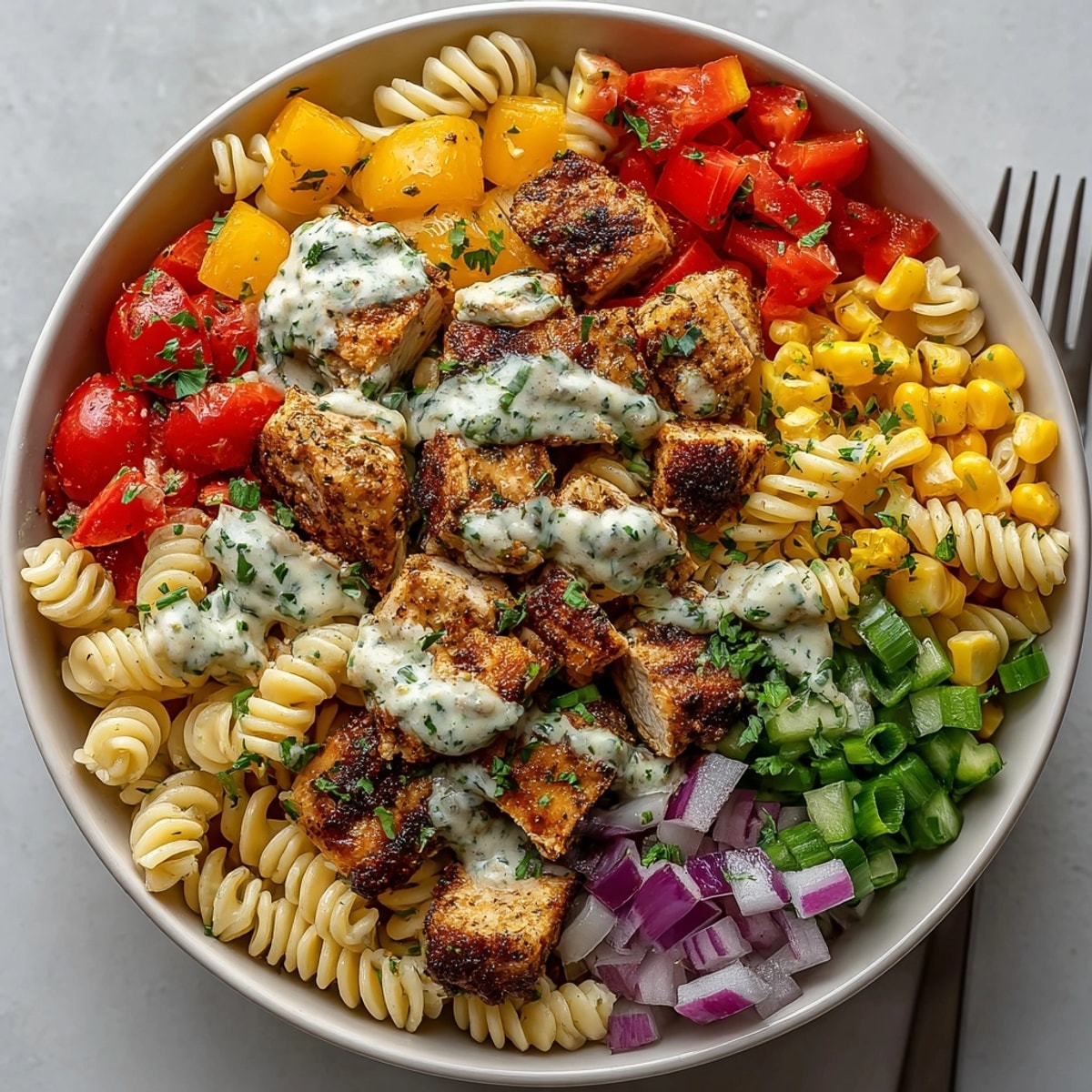 Hearty serving of Cajun Chicken Pasta Salad perfect for summer picnics or a quick lunch.