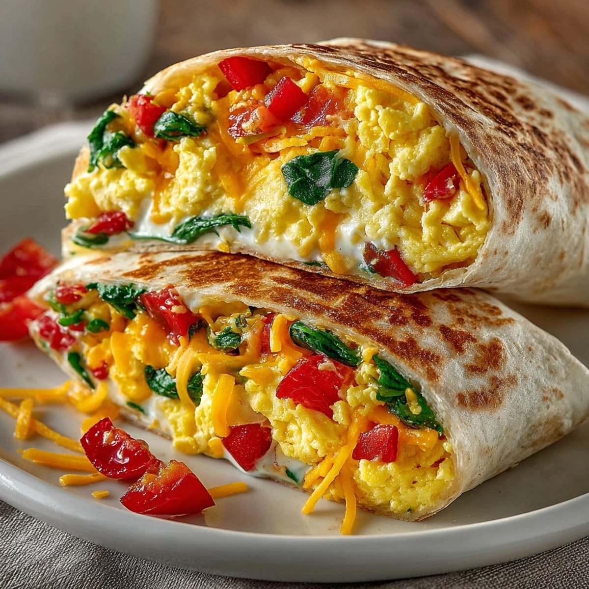 Breakfast wrap with scrambled eggs and cheese, sliced and steaming on a white plate.