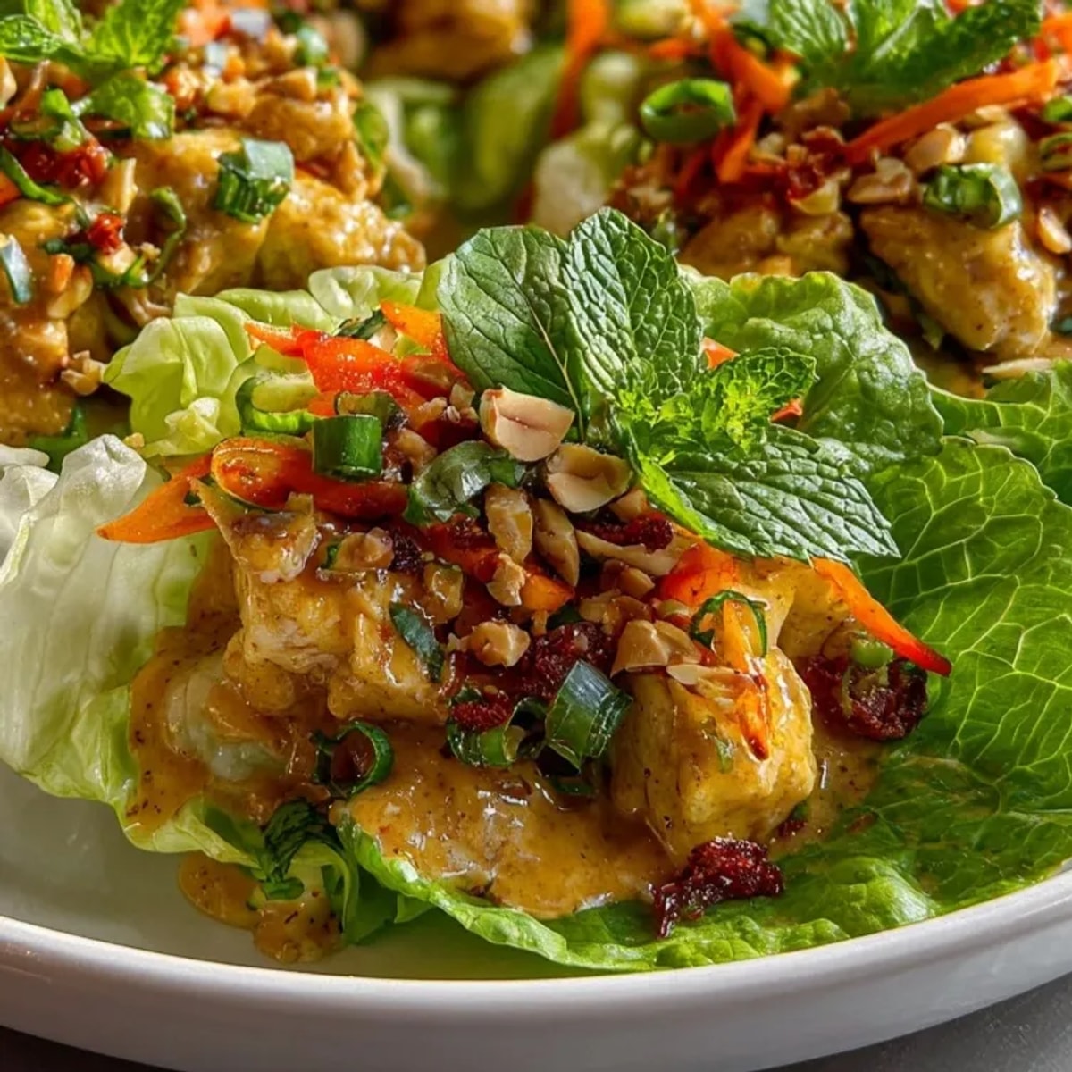 Thai Peanut Chicken Lettuce Cups filled with tender chicken, creamy peanut sauce, and crunchy vegetables.