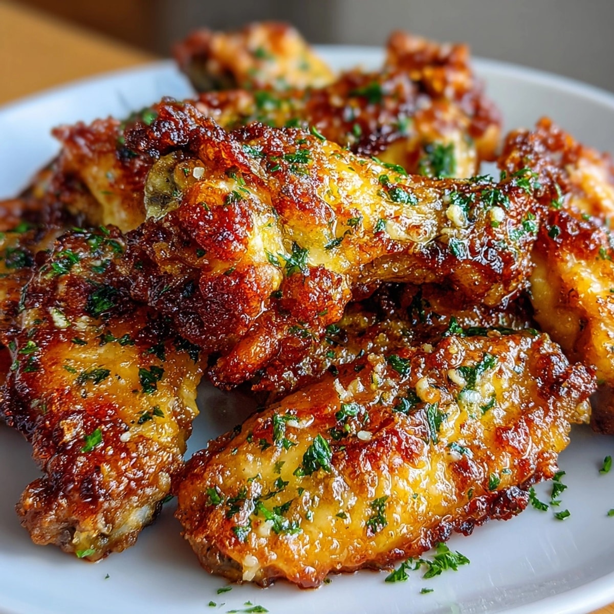 Golden garlic Parmesan chicken wings glistening with buttery sauce, served hot on a platter.