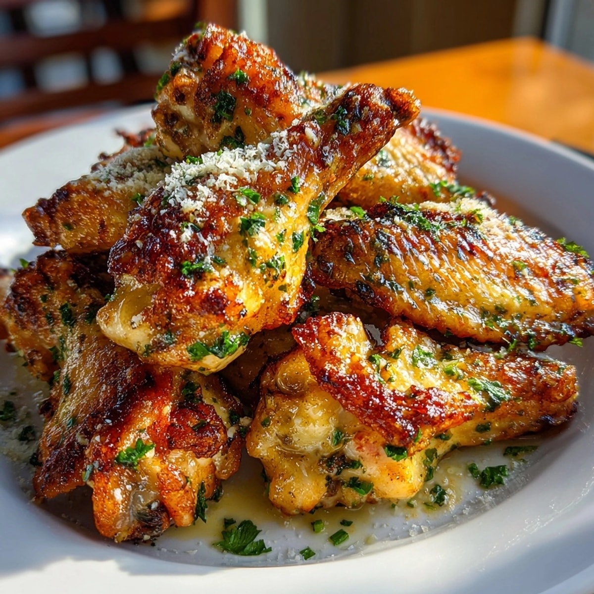 Crispy garlic Parmesan chicken wings sprinkled with fresh parsley, perfect as a game day appetizer.