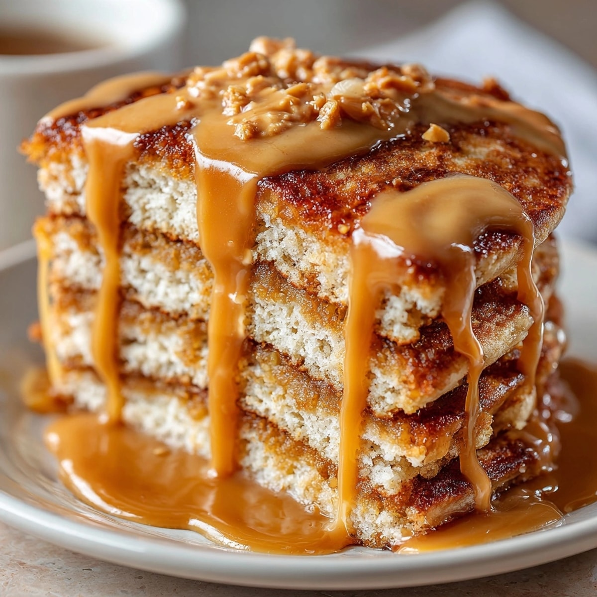 Protein pancakes with peanut butter syrup stacked on a plate, golden and fluffy, drizzled generously for breakfast.