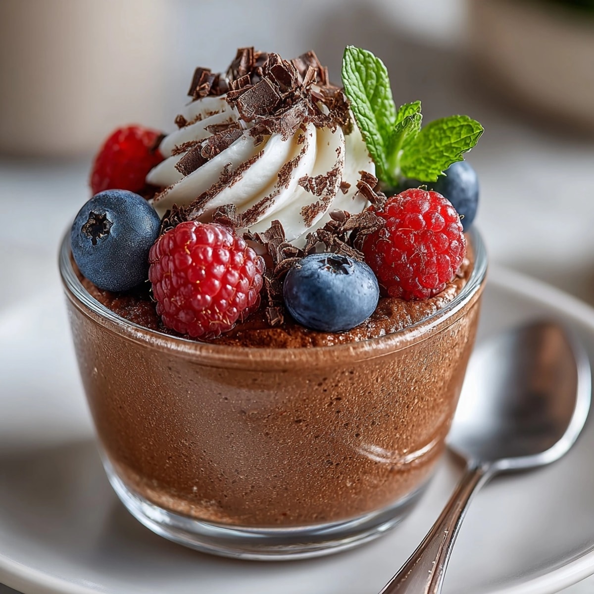 Silky chocolate avocado mousse cups garnished with vegan whipped cream and dark chocolate shavings.